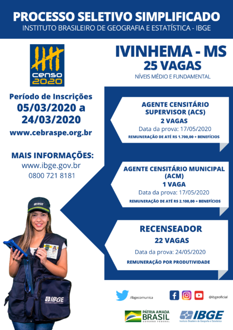 Ivinhema possui 25 vagas para processo seletivo do IBGE